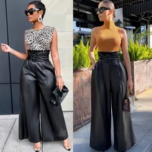 

PU Leather Pants Metal Belt Wide Leg Pants Women Fall 2021 New Fashion Pure Color High Waist Casual Pants