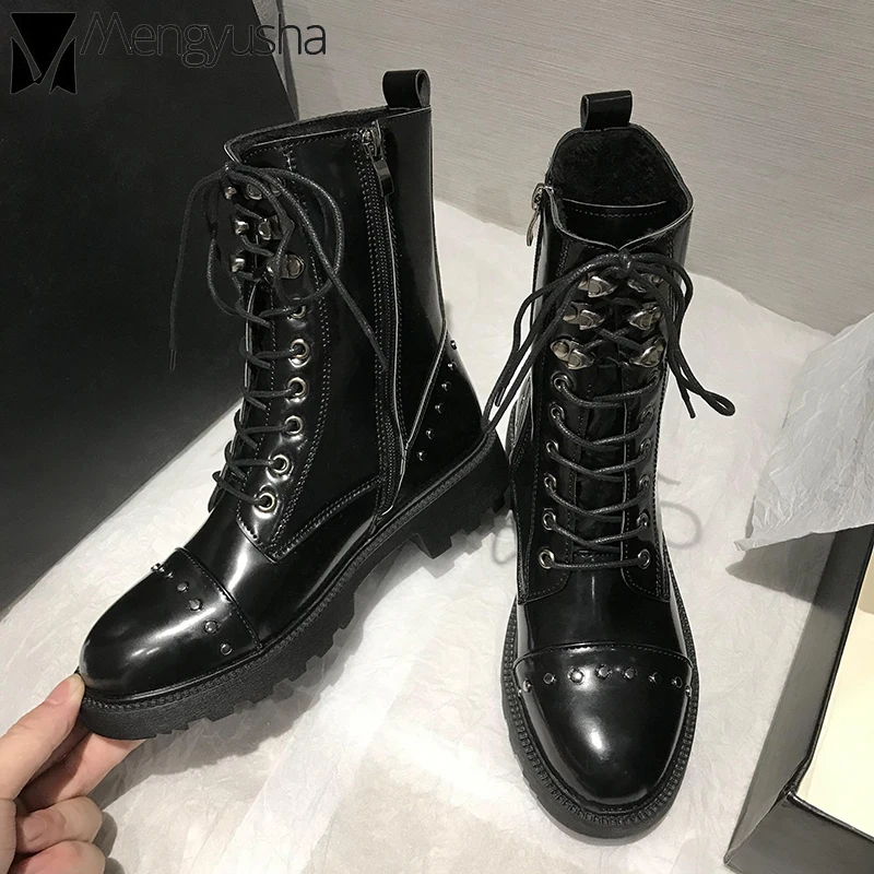 Metal Rivets martin punk boots women black lace-up thick heels booties winter plush patent leather mid-high zip motorcycle botte