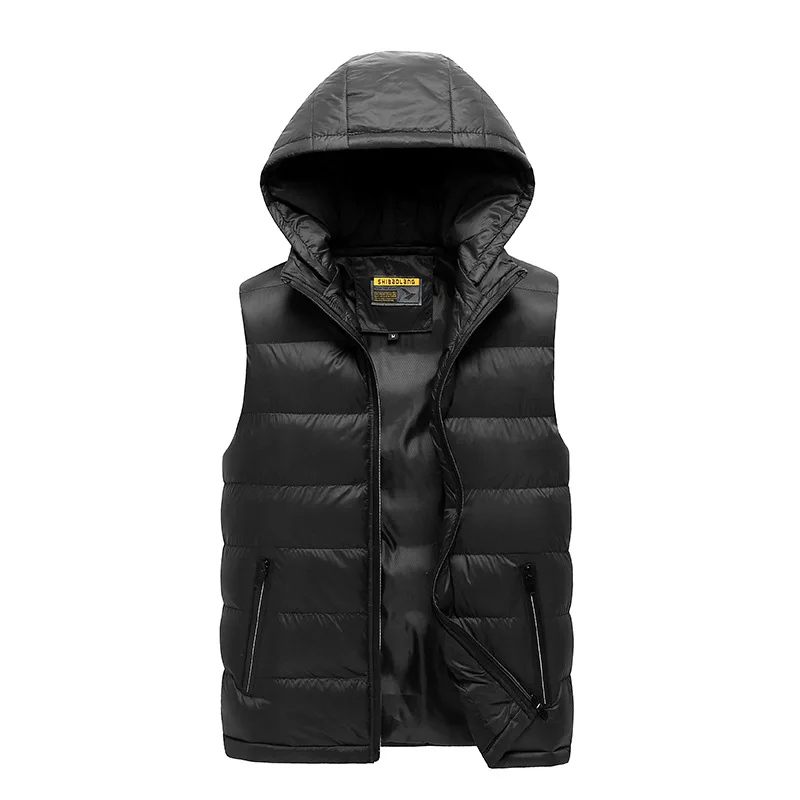 Зимние мужские жилеты с капюшоном без рукавов куртки теплые 20D ватные Дутые жилеты жилет пальто Плюс Размер M-5XL - Цвет: Black