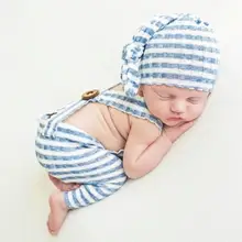 

2Pcs/Set Infant Bodysuit Stripes Pattern Skin Friendly Spandex Newborn Baby Overalls Tail Hat Kit for Photography Props