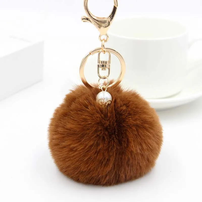

Popular fur plush bag key chain DIY pearl 8cm imitation rabbit hair ball pendant