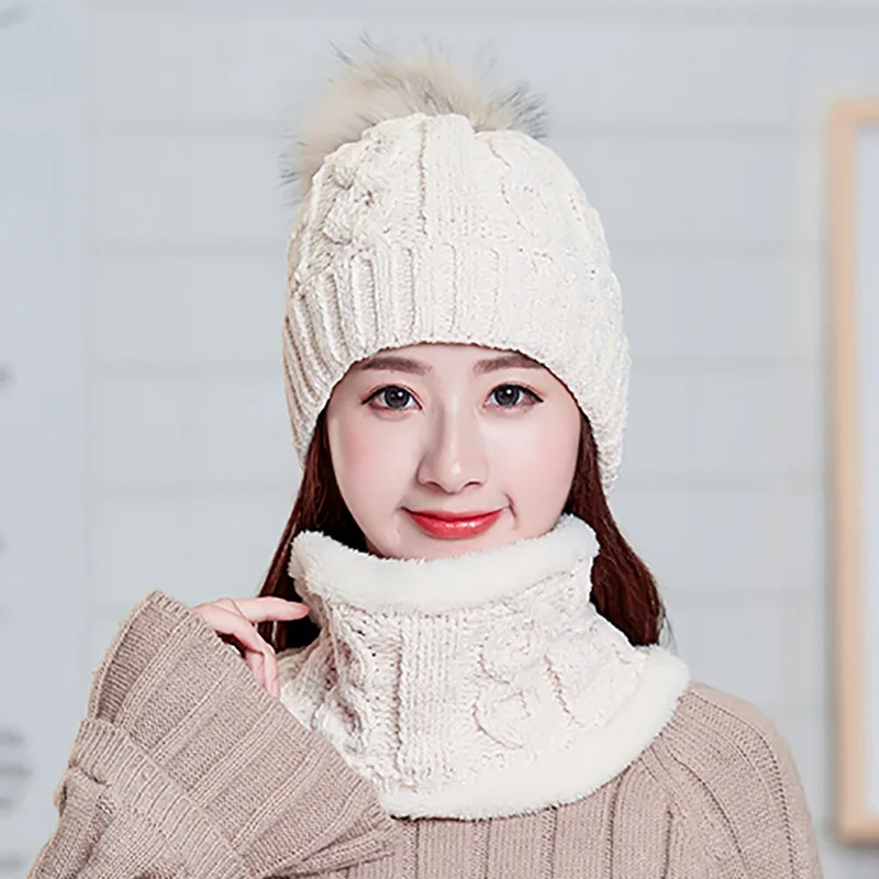 cream color Зимняя женская вязаная шапка с нагрудником, теплый костюм из двух частей плюс бархатная Толстая ветрозащитная теплая шапка в полоску, украшенная популярными элементами - Цвет: cream color