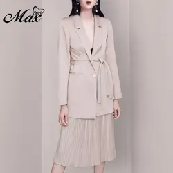 Max Spri 2019 Новый Винтажный блейзер с длинными рукавами и глубоким v-образным вырезом с поясом, плиссированная юбка, тонкий офисный костюм для
