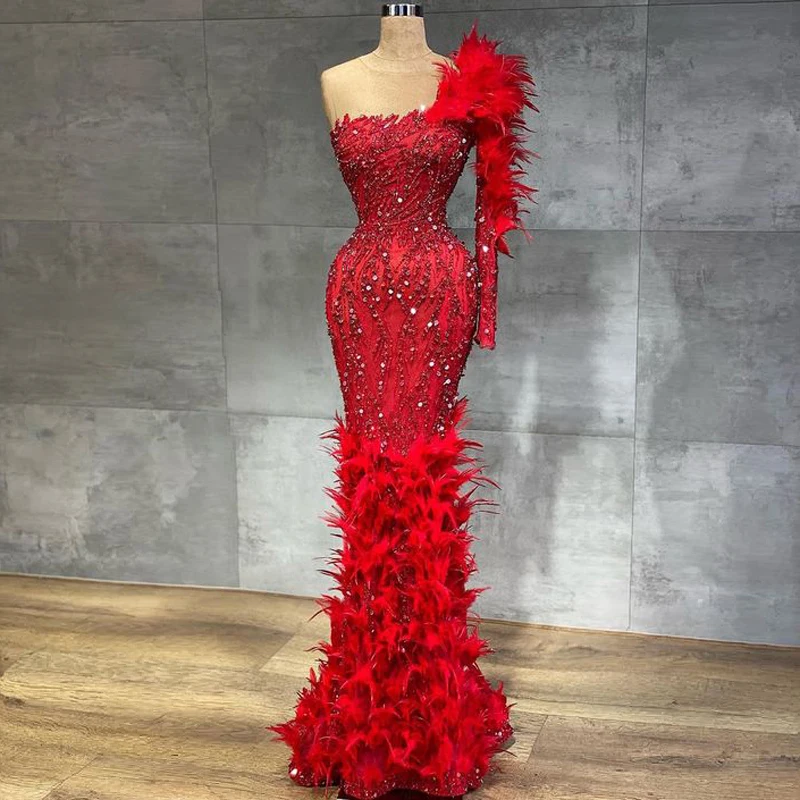 

Red Luxury Elegant Mermaid Evening Dresses One Shoulder Long Sleeve Feathers Sequins Women Prom Party Pageant Gowns Custom Made
