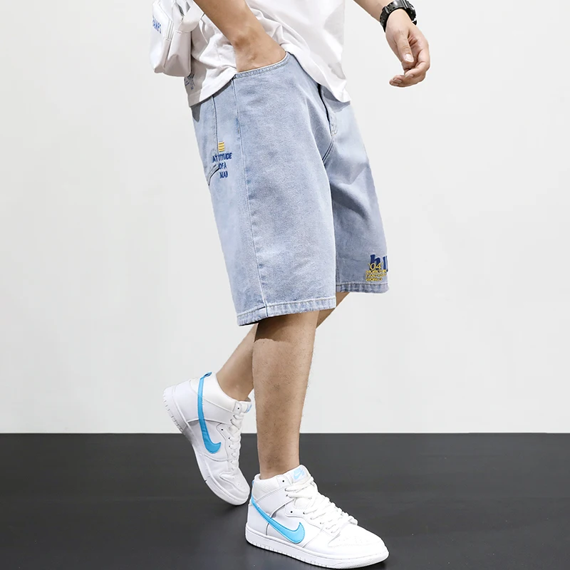 

Fashion Summer Men Short Jeans Light Blue Loose Fit Embroidery Designer Denim Shorts Hombre Streetwear Hip Hop Short Jeans Men
