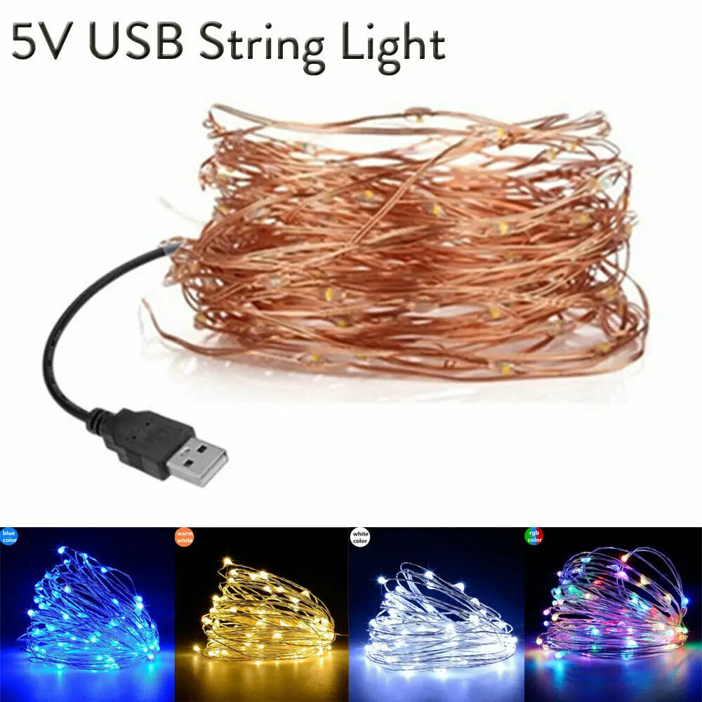 

USB LED String Lights Powered by Battery 5/10MCopper Silver Wire Garland Waterproof Fairy Light Christmas Wedding Party Decor