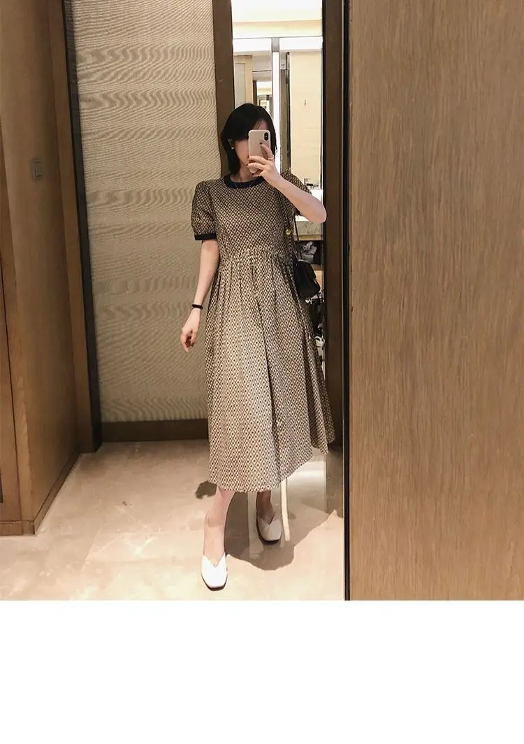 Women Short Sleeve Dress Empire Summer Simple A-line Elegant Design Daily Leisure Mid-calf Retro Lantern Sleeves Ulzzang Female semi formal dresses