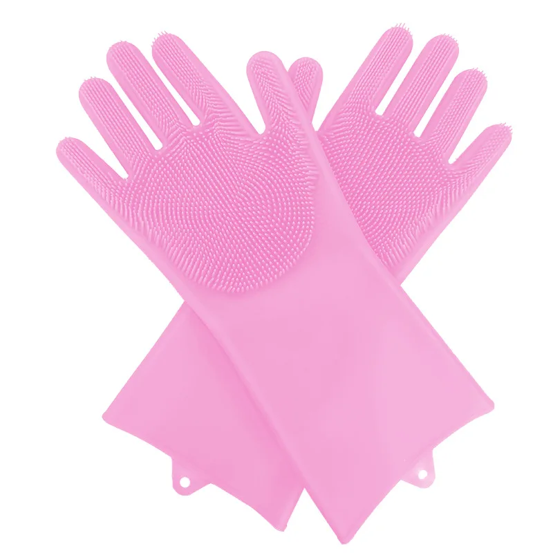 Пищевые перчатки для мытья посуды силиконовые перчатки для мытья посуды с чистящей щеткой кухонные резиновые перчатки для мытья посуды - Цвет: Pink