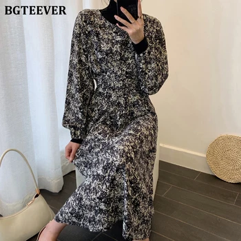 

BGTEEVER Vintage O-neck Cross Lace Up Women Dress Full Sleeve Print Midi Female Dress 2020 Spring Summer Slim Waist Vestidos