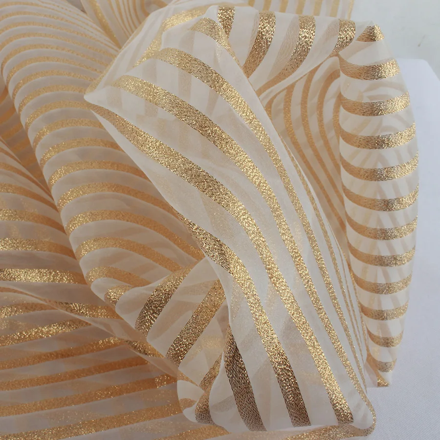 Gold stripes glitter flocking organza fabric dress making 150cm wide sold by yard