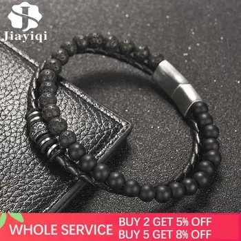 

Natural Lava Stone Bracelet Beaded Leather Bracelets for Men Punk 2020 Trendy Stainless Steel Magnetic Clasp Bangle Male Jewelry