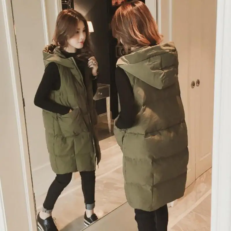 Army green Vest Пуховый женский хлопковый жилет с капюшоном, пальто, зимний длинный Свободный жилет большого размера, жилет для женщин, теплый плотный жилет с карманами, пальто, Одноцветный Q2085 - Цвет: Army green Vest