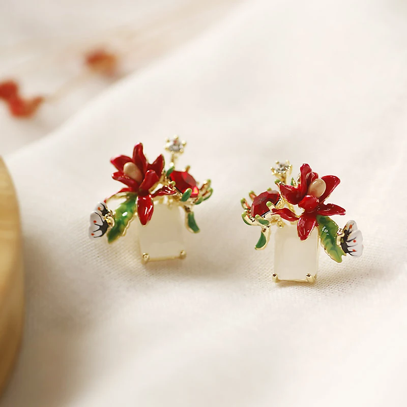 Red Flower Ретро, французские, ручная роспись, эмалированные серьги, цветочные уши, маленькие серьги-гвоздики, милый цветок, серьги-гвоздики, женские подарки, серьги с кристаллами - Окраска металла: Red Flower