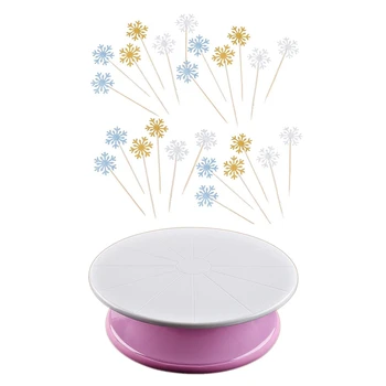 

31 Pcs Cake Accessories: 30 Pcs Snowflake Cupcake Toppers Cake & 1 Pcs 29cm Plastic Cake Turntable Rotating