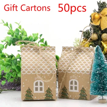 

50pcs Gift Boxes Xmas Party Gift Cartons Kraft Paper Candy Boxes New European Christmas Small House Gift Boxes Party Supplies