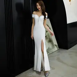 Платье с вырезом лодочкой и высоким разрезом, белое элегантное женское платье Qipao, новое летнее вечернее платье, сексуальное платье Чонсам
