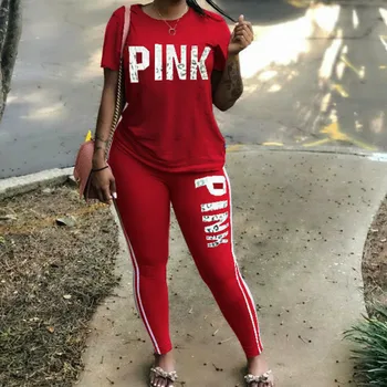 

Women Sets PINK Letter Print Tracksuits Two Piece Set Spring Street Tops and Pants Set Suits Casual 2pcs Outfits Female G1489
