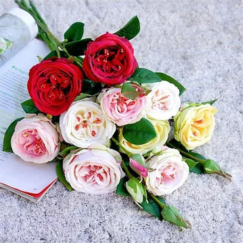 

7P Fake Short Stem Round Rose (3 heads/piece) 20.47" Simulation England Roses for Home Wedding Decorative Artificial Flowers