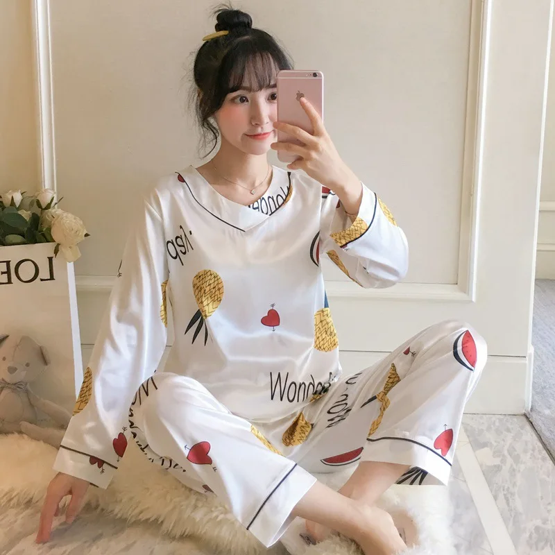 

Spike ARTISTRY) Pajamas Women's Spring And Autumn Imitated Silk Fabric Long Sleeve V-neck Viscose Piece Tracksuit M-4xl
