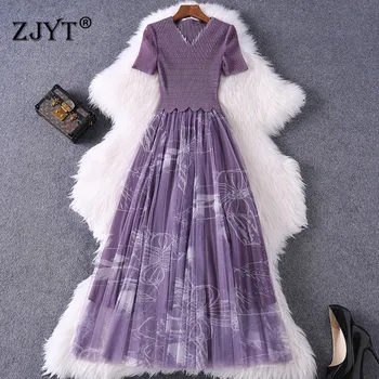

Short Sleeve Summer 2020 New Women Clothes Elegant Europe Fashion Designer Print Mesh Patchwork Midi Holiday Party Dress