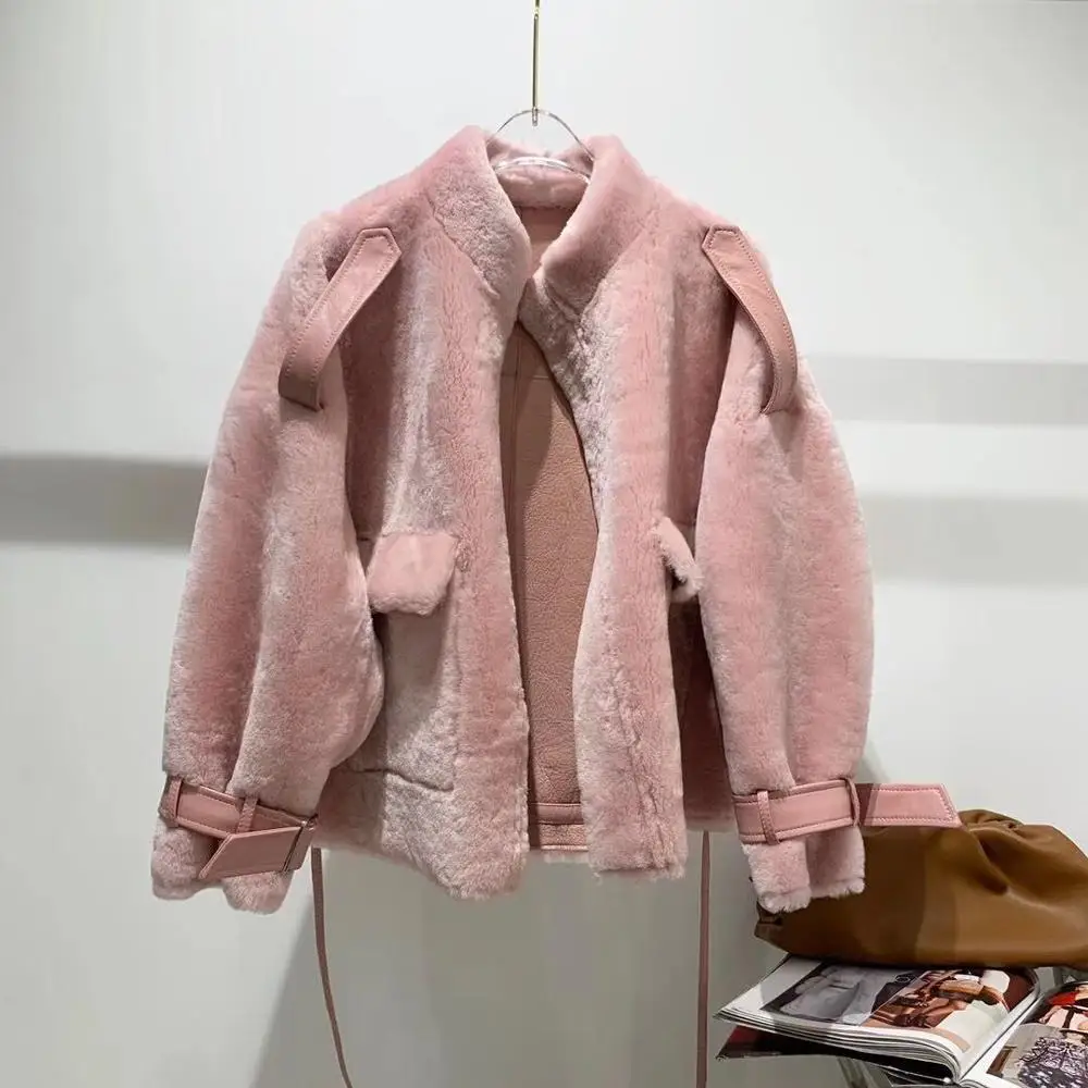 Пальто с натуральным мехом, зимняя куртка для женщин, мех Мериносовой овцы, настоящая кожаная куртка с подкладкой, Толстая теплая парка с натуральным мехом - Цвет: Розовый