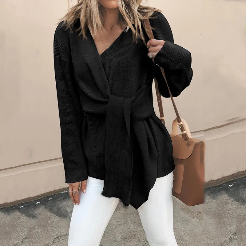

Women Sweater 2019 Autumn Knitting Lace Up Belt Loose V-Neck Long Sleeve Tops Elegant OutWear Plus Size