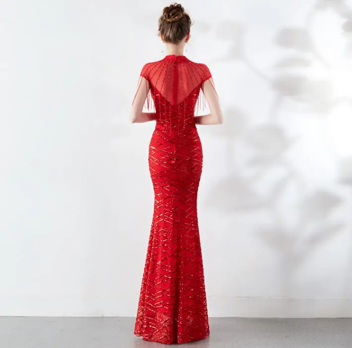 SVKSBEVS O Neck Sequined Gradient Color Mermaid Long Dresses Elegant Party Bodycon Crystal Chain Backless Maxi Dress