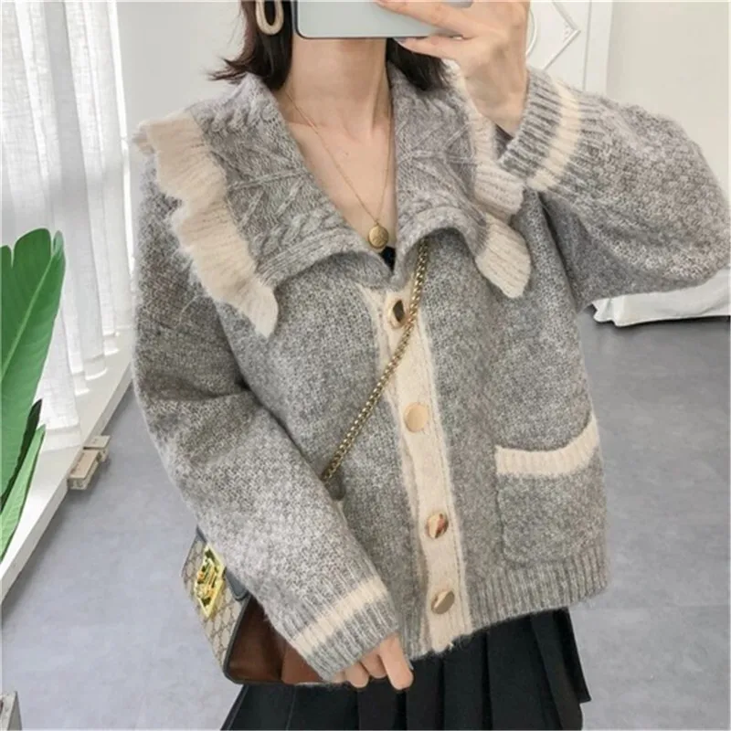 RUGOD корейский стиль Шикарный винтажный вязаный кардиган с отложным воротником воротник в виде листа лотоса свитер куртка Зимние Топы для женщин