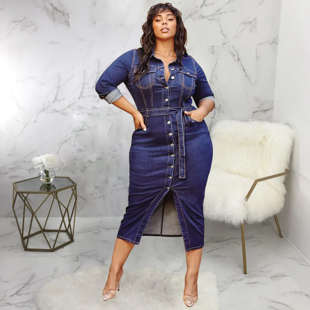 Best Price UZwvh Women Plus Size Denim Dress Spring Casual Long Sleeve Turn Down Neck Pockets Midi Dress Ladies Sashes Button Solid Dresses Robe