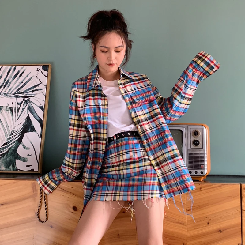 

[EWQ]2019 Autumn Turn-down Collar Long Sleeve Blue Plaid Tassel Blouse Short Mini Skirt Two Piece Set Women Cotton Outfits MG084