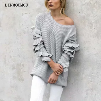 

Women's fashion new sweaters solid color round neck loose sleeves lotus leaf decorative sweater long paragraph sweater