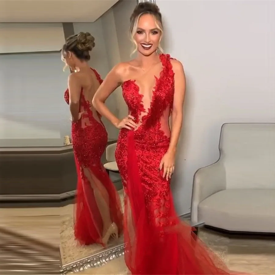 Платье для выпускного вечера красное сексуальное платье Русалка vestidos de gala с аппликацией бисером vestido formatura вечернее платье с разрезом сбоку