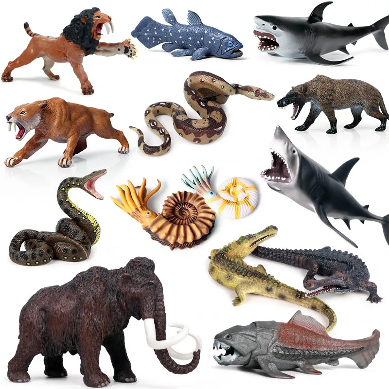 

Oenux Original Prehistoric Savage Animals Megalodon Shark Dunkleosteus Mammoth Tiger Action Figures Model PVC Toys Gift For Kids