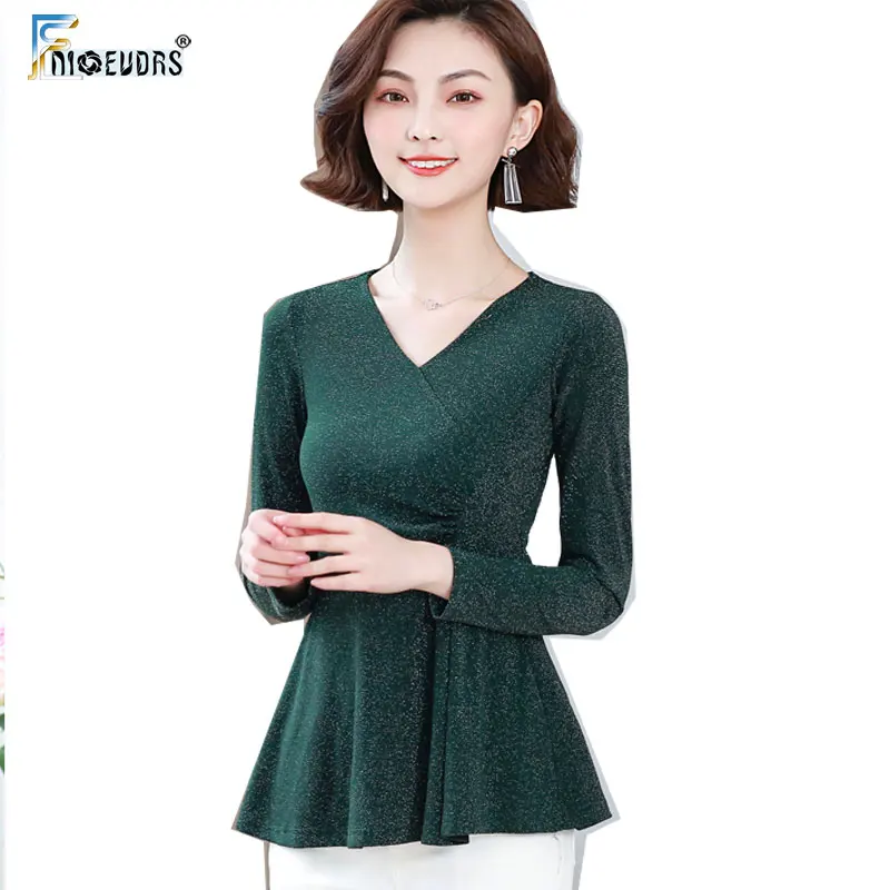 

Autumn Winter Basic Shirts Blouses Woman Long Sleeve V Neck Elegant Office Lady Slim Peplum Top Green Red 4XL 3XL A03