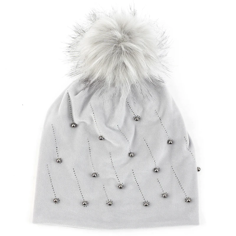 light gray 19 Шапочка-бини для взрослых, шапка-Метеор с 15 см искусственным мехом, помпоном, меховым помпоном, пуловер, шапка с черепом для женщин и девочек, зимняя теплая шапка - Цвет: light gray 19