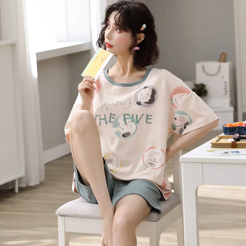 Summer Loungewear Women Crew Neck Pjs Women Homesuit Homeclothes Fashion Style Cartoon Printing Short Sleeve Long Pants Pj Set