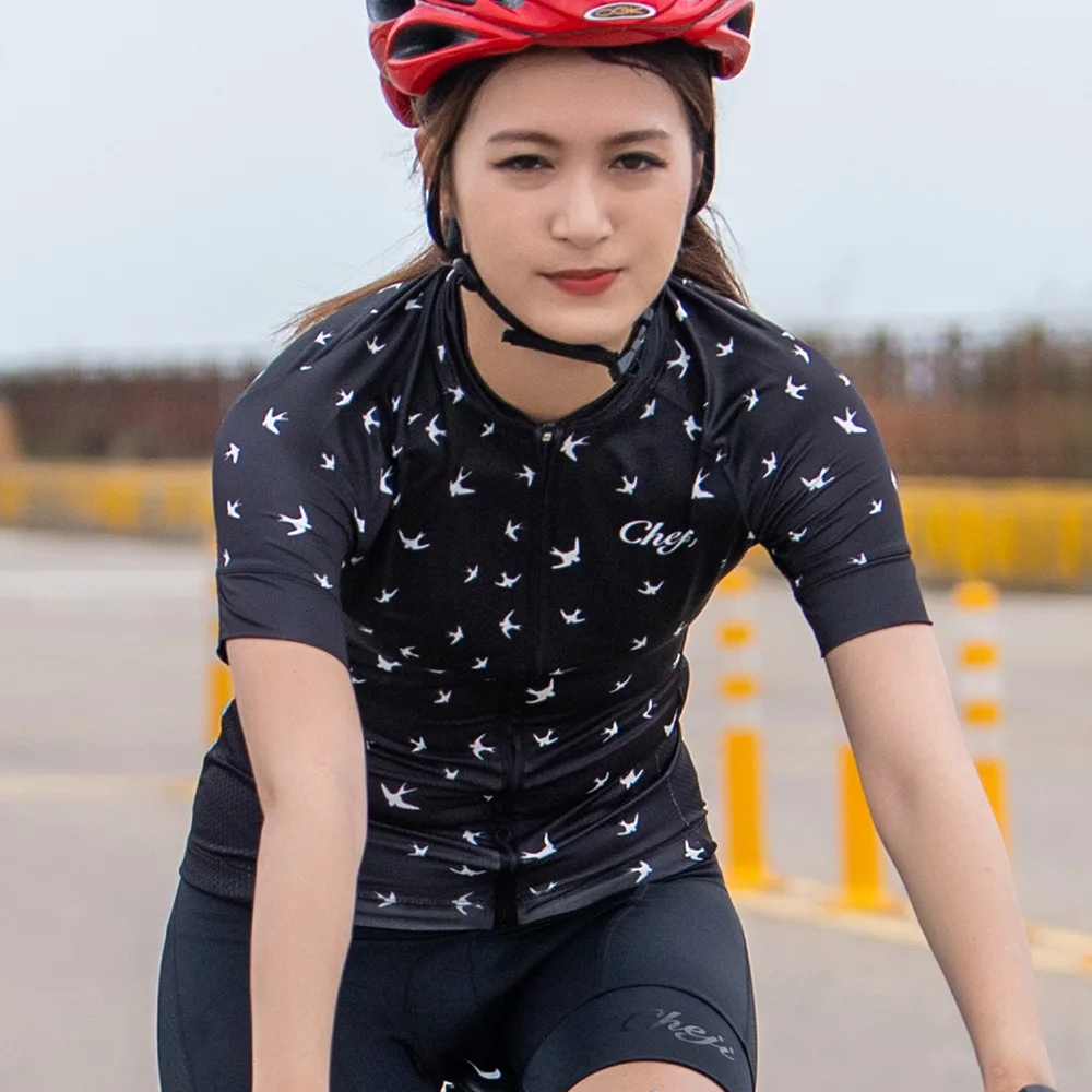 CHEJI женский MTB дорожный велосипед одежда с коротким рукавом черный v-образным вырезом на молнии Быстросохнущий велосипед Джерси ciclismo mujer