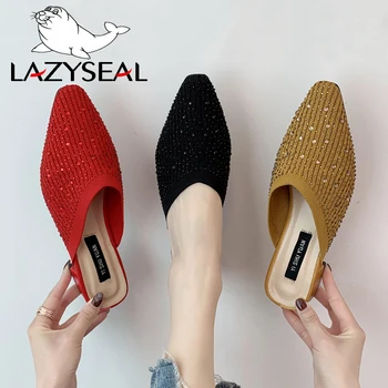 

LazySeal 3.5cm Square Heels Bling Crystal Mules Women Slides Slippers Summer Ladies Breathable Shoe Slippers Female Shoes Woman
