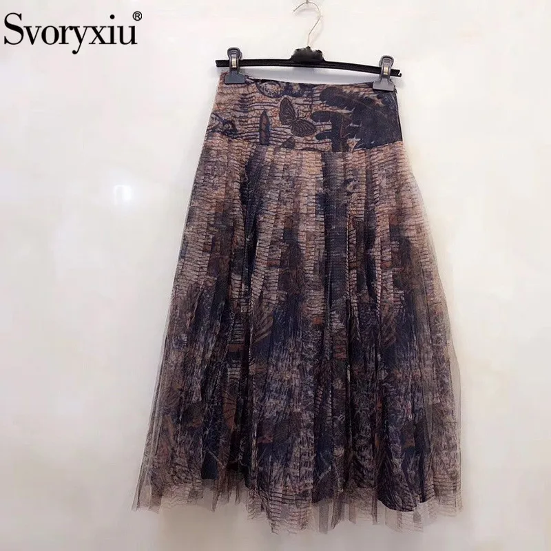 

Svoryxiu 2020 Runway High-End Spring Summer Silk Print Mesh Pleated Skirt Women's Fashion High Waist Long Skirt