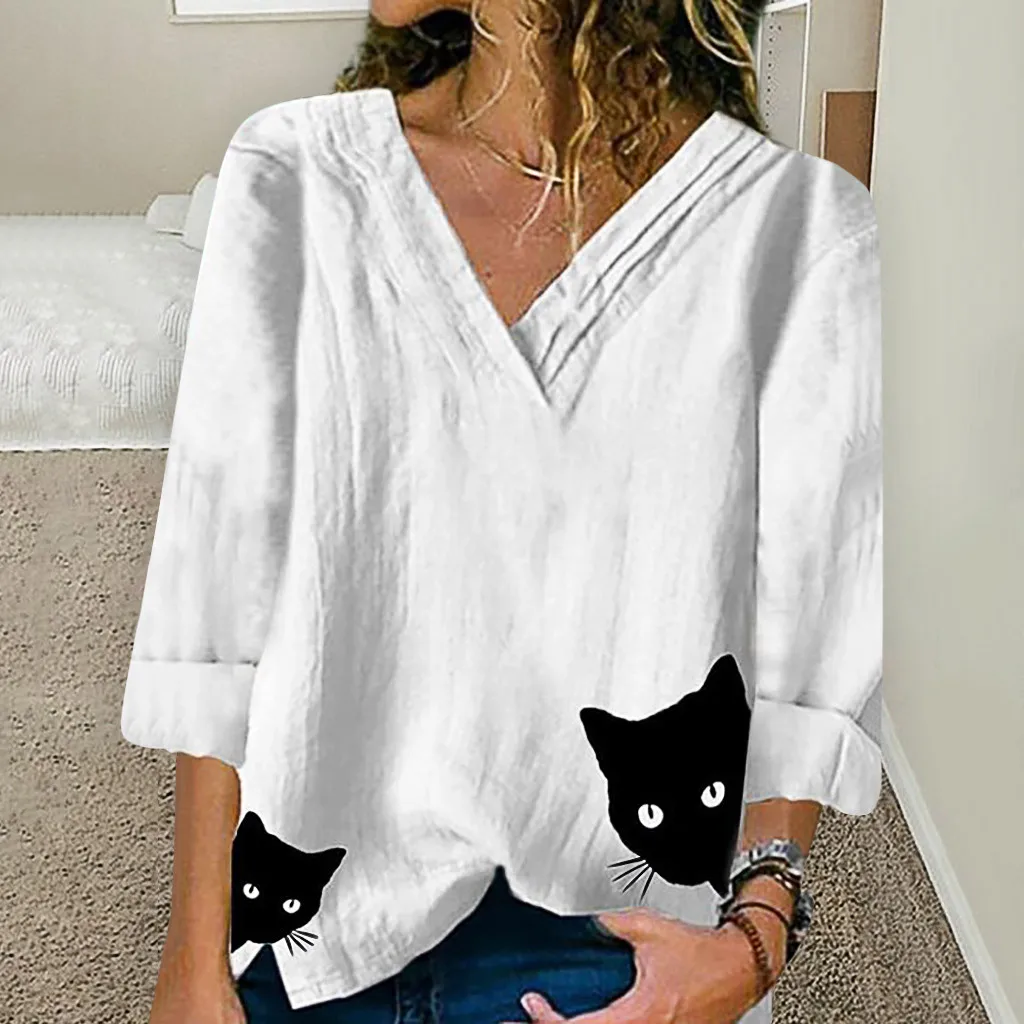 

Women's Cotton And Linen Blusas Cat Printing V Collar Long Sleeves Tops Loose Elegant Shirts Blouses Blusas Mujer De Moda 2019