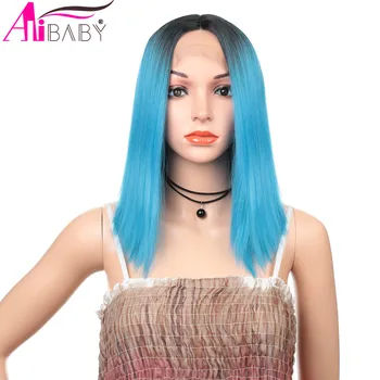 

14Inch Cosplay Synthetic Wig Bob Lace Front Wigs Blue Color Straight Hair Middle Part Nature Wig for White Women Alibaby