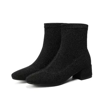 

2021 New Women Autumn Winter Ankle Boots Superfine Fiber Round Toe Women Shoes Square Heel Slip on Women Casual Boots