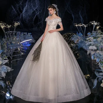 

Feerijt 2020 New Handmade Shining Light Champagne Boat Neck Short Sleeve Luxury Wedding Dress Custom Made Slim Bridal Ball Gown
