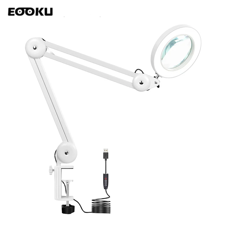 EOOKU Table Lamp LED Light 5x Magnifying Glass USB Welding Assistant Flexible Rocker 3 Colors Energy Saving Eye Protection Readi