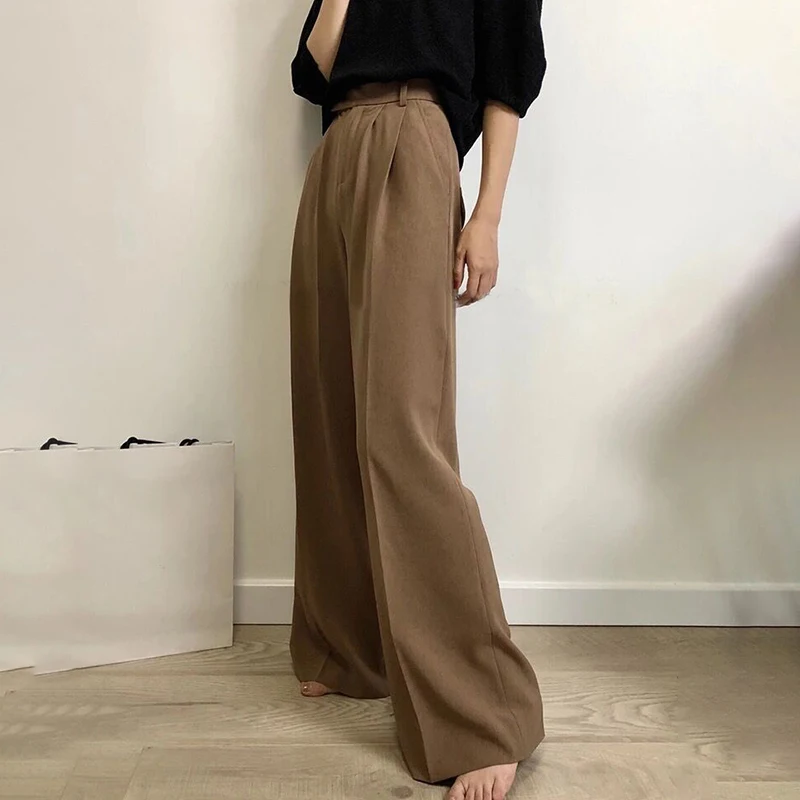 CHICEVER Korean Style Solid Women's Wide Leg Pants High Waist Ruched Maxi Pants Female Autumn Fashion Casual Clothing New