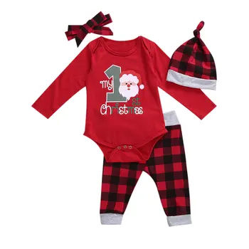 

4 Pcs Toddler Christmas Costume Suit O-Neck Long-Sleeves Bodysuit Red-Black Plaid Pants Hat Hairband for Baby Boys Girls