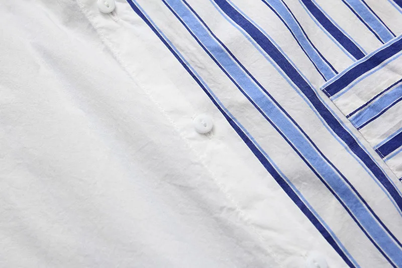 Короткая Лоскутная полосатая рубашка для женщин уличная работа Blusas отложной воротник с длинным рукавом Осень нерегулярные блузки синий карман