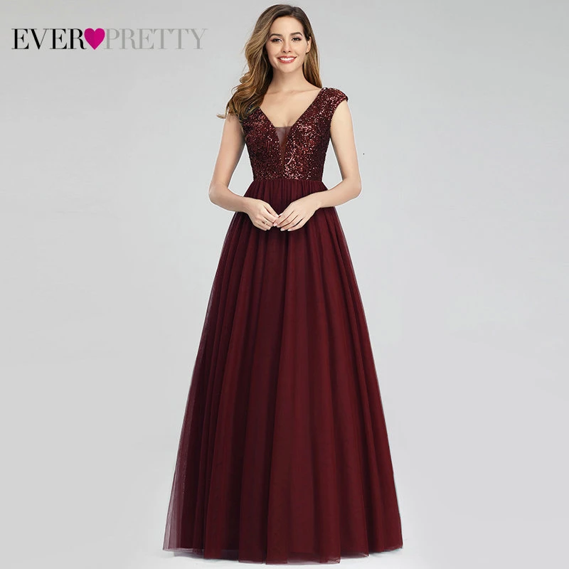 Burgundy Вечернее платье с v-образным вырезом и блестками Ever Pretty EP00983, ТРАПЕЦИЕВИДНОЕ длинное зеленое вечернее платье, элегантное платье для выпускного вечера - Цвет: Burgundy