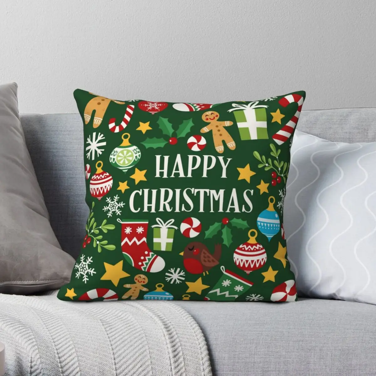 

Happy Christmas Card Green Square Pillowcase Polyester Linen Velvet Pattern Zip Decor Car Cushion Case