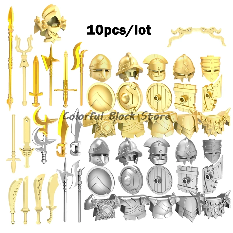 10PCS/LOT Weapon Accessories Golden Silver Armor Warrior Sword Shield Knife Medieval War Building Block MOC Toy Child Boy Gift
